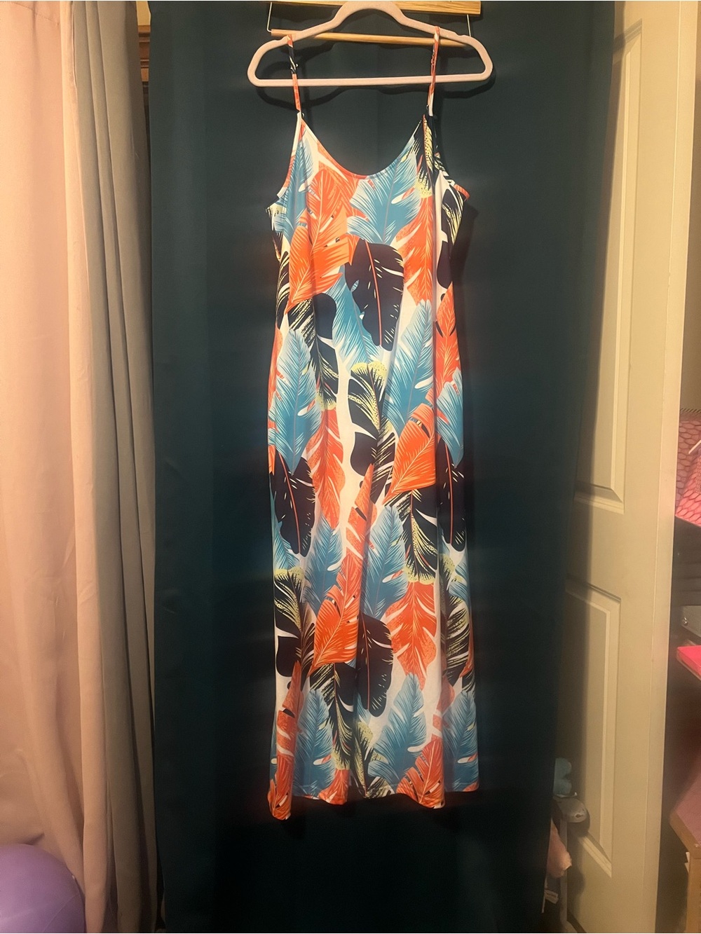 Sleeveless Tropical Feather-Print Maxi Dress in Blue & Orange